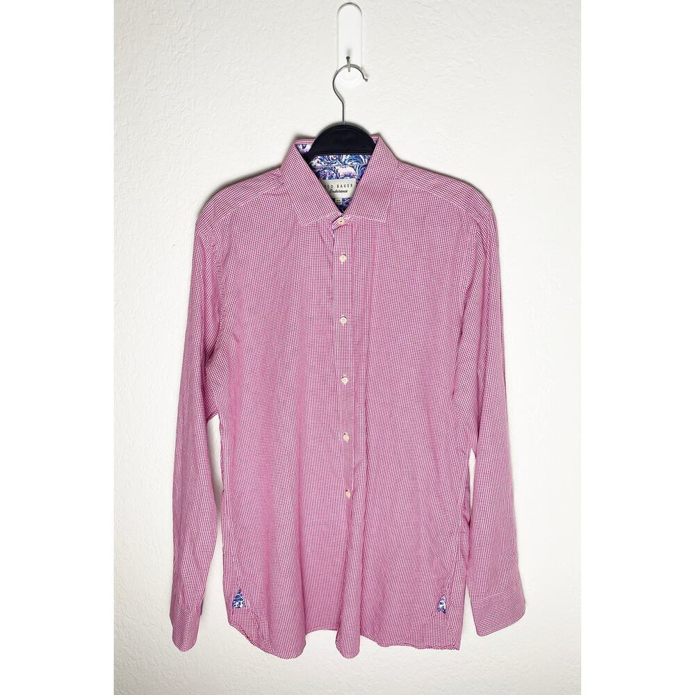 Ted Baker Endurance Mens Long Sleeve Button Down Shirt Red White Gingham Paisley